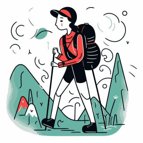 Hiking woman with backpack and trekking poles.