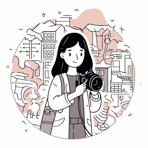 Vector illustration of a girl taking pictures with a camera in t