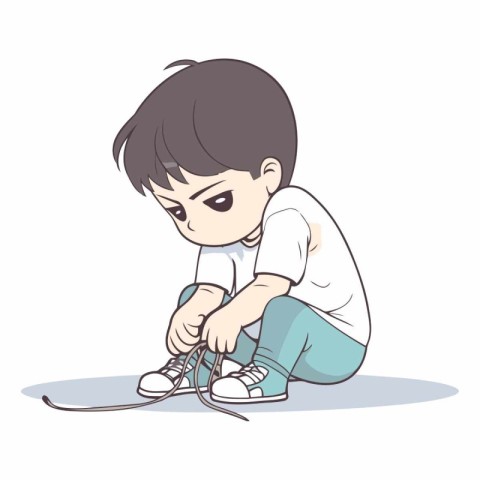 Boy tying shoelaces on a white background.