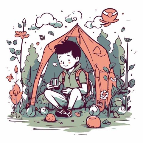 Cute little boy sitting near his tent in the forest.