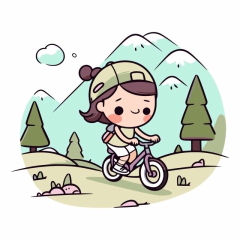 Girl riding a bicycle in the mountains. Cute cartoon vector illu