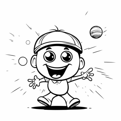 Black and White Cartoon Illustration of a Kid Boy Juggling Ball