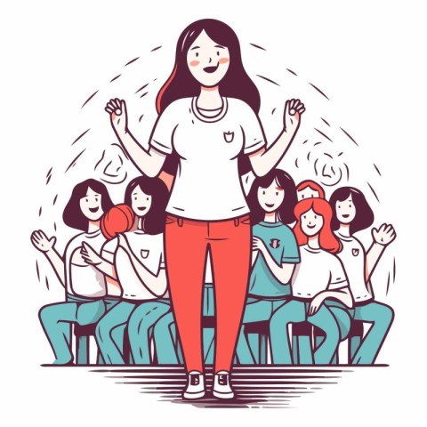 Young woman with hands up in line art style.