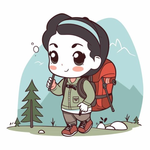 Boy with backpack hiking in the mountains. eps10