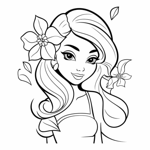 Beautiful girl with flowers in her hair. black and white vector