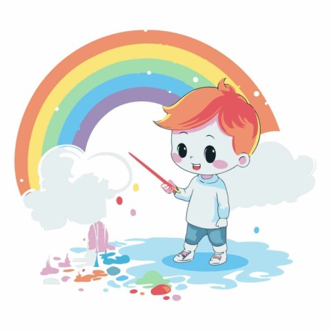 Boy playing with a stick on the background of the rainbow.