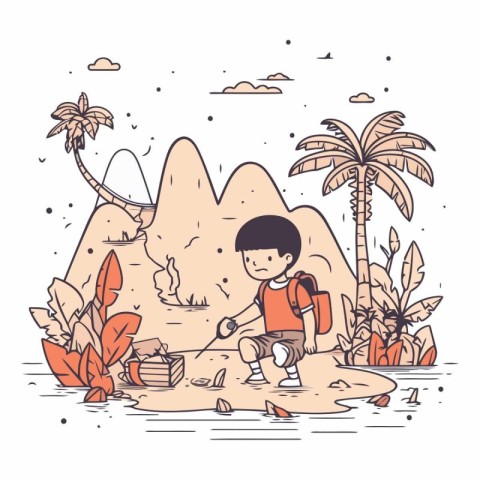 Cute little boy hiking in the jungle. Vector hand drawn illustra