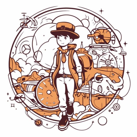 Vector illustration of a boy in a hat with a backpack on the bac