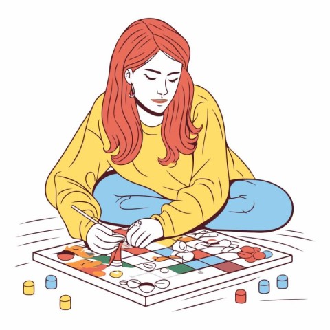 Illustration of a woman playing board games in cartoon style.