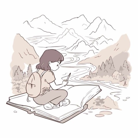 Girl reading a book in the mountains. Vector hand drawn illustra