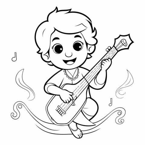 Black and White Cartoon Illustration of Cute Little Boy Playing