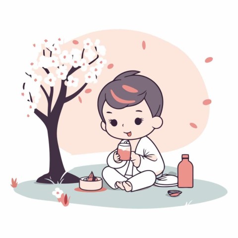 Cute little boy with cup of tea and sakura tree vector illustrat