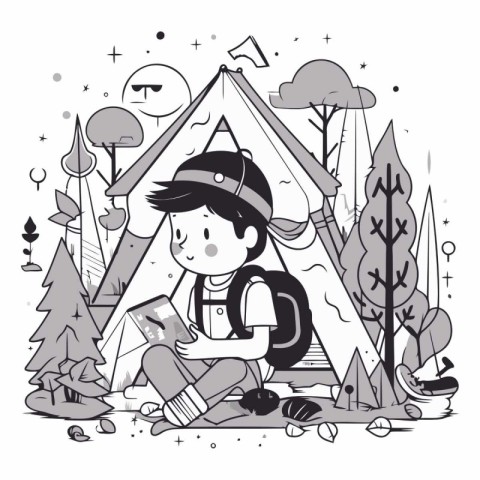 Vector illustration of a boy sitting in front of a tent in the f