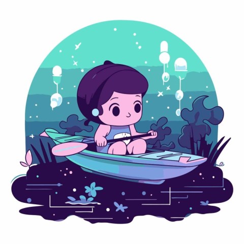 Cute cartoon boy in a boat on the lake