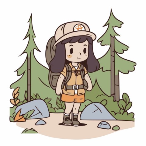 Illustration of a Cute Girl Hiking in the Forest.