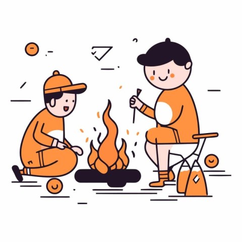 Vector illustration of two boys camping with bonfire. Flat line