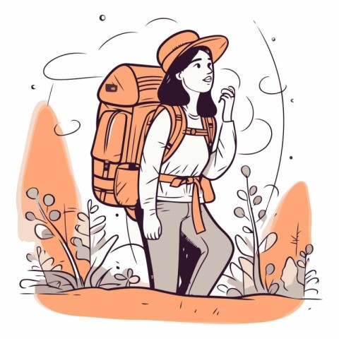 Young woman with a backpack hiking in the forest.