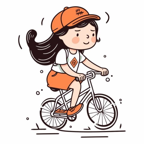 Cute little girl riding a bicycle in sketch style.