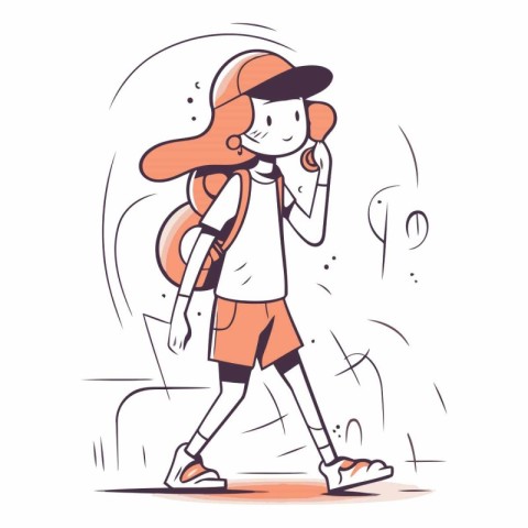 Vector illustration of a girl with a backpack and a cap walking