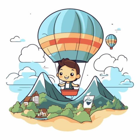 Boy flying on hot air balloon over the mountain.