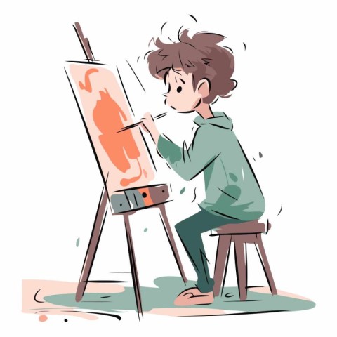 Young man painting a picture on easel in cartoon style.