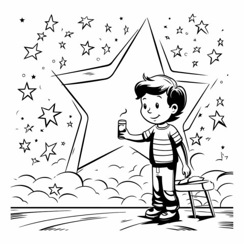 Black and white illustration of a boy drinking coffee on a star