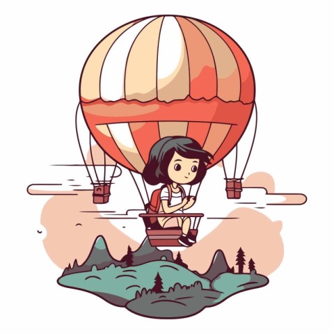 Cute little girl flying on hot air balloon.