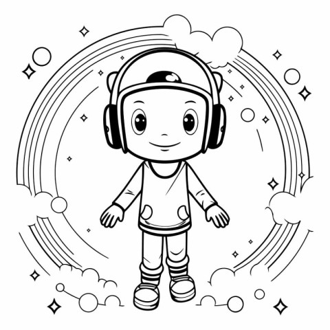 Cartoon astronaut with headphones. Black and white vector illust