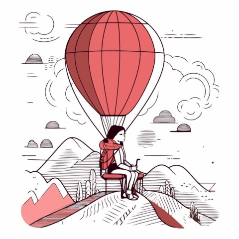 Woman in a red hot air balloon on the mountain.