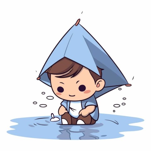 Cute little boy with umbrella in the water.