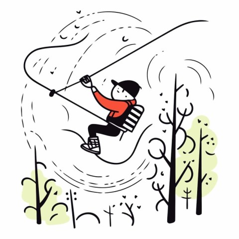 Vector illustration of a boy jumping on a rope in the forest.