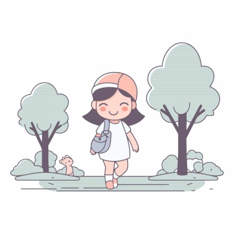 cute little girl with backpack in the park vector illustration g