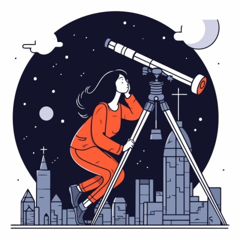 Woman looking through telescope in thin line style on the backgr