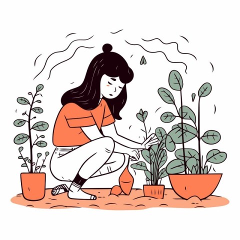 Gardening concept. Young woman watering plants in pots.