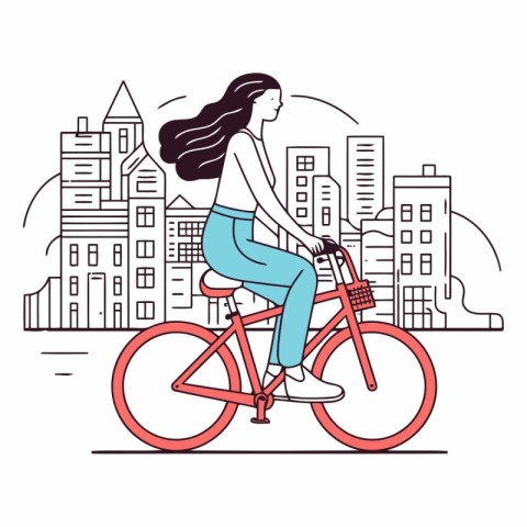 Young woman riding a bicycle in the city. Vector linear illustra