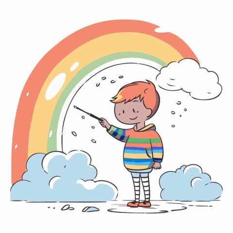 Cute little boy holding a stick and looking at the rainbow.