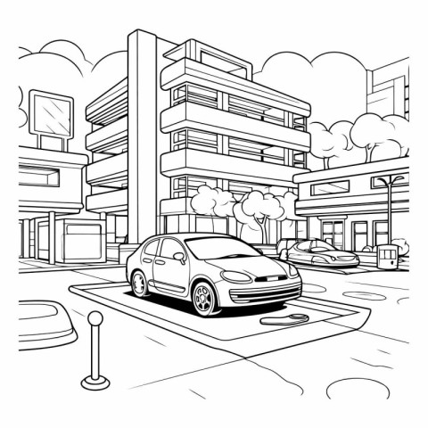 Sketch of a city street with buildings and cars.