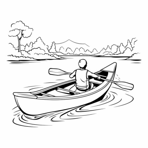 Man rowing a boat on the lake. Black and white vector illustrati