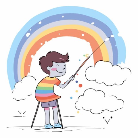 Little boy with a pointer on a background of rainbow