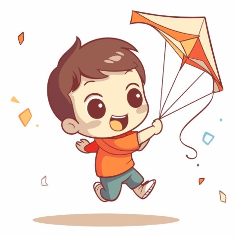 Cute little boy flying a kite. Vector cartoon illustration.