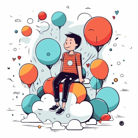 Vector illustration of a boy sitting on balloons in the sky. Fla