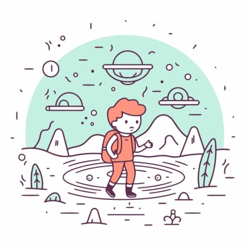 Cute little boy exploring the planet in linear style