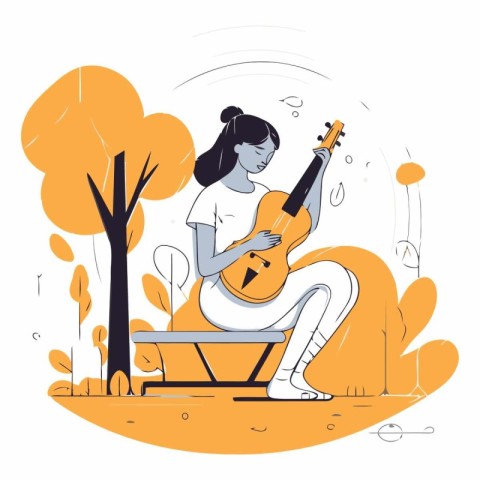 Girl playing guitar in the park. Flat style.