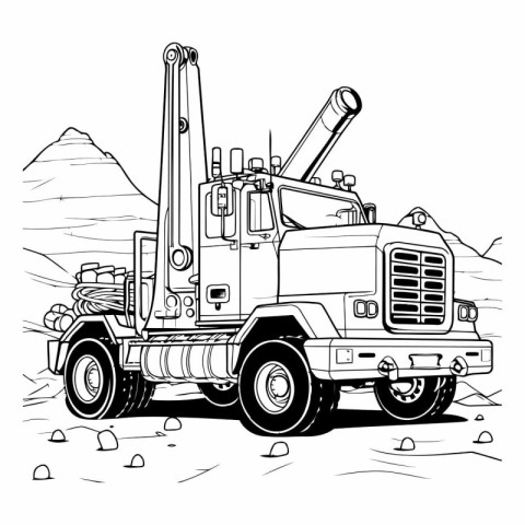 Truck of a truck with a crane in the mountains.