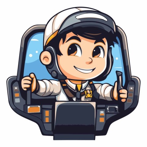 Boy in a pilot's seat showing thumbs up.