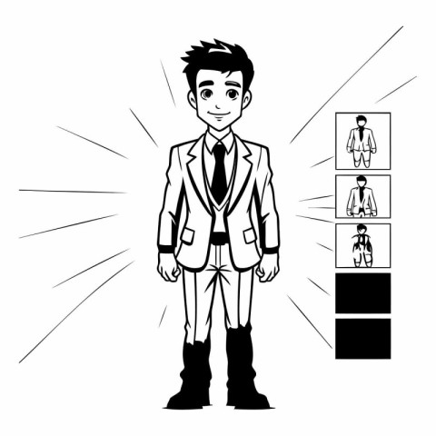 Businessman standing in front of a wall of office icons.