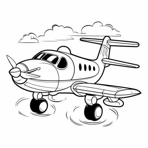 Airplane in the clouds. black and white vector illustration for