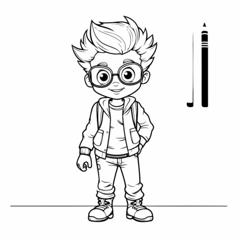 cute boy with glasses and a pipe. black and white vector illustr