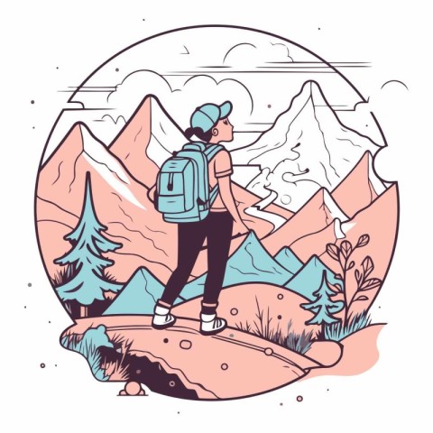 Vector illustration of a hiker with a backpack in the mountains.