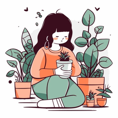 Girl with a potted plant in flat style.